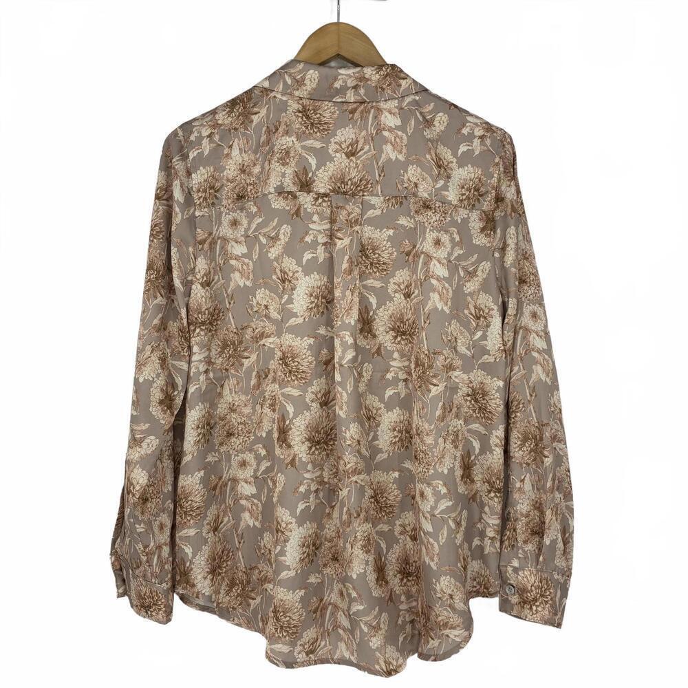 Elie. Elie Tahari Silky Neutral Gray Tan Floral Print Blouse Sz Lg - Picture 2 of 9